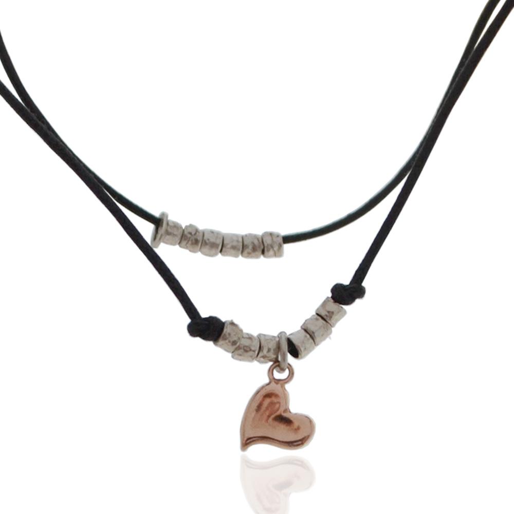 Collana in cuoio cerato nero con pepite in argento 925 e cuore centrale placcato oro rosa